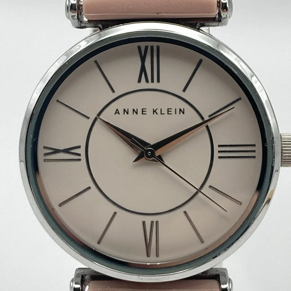 Anne Klein Women's Watch 34mm Silver Tone Beige Dial Silicone Band New Battery